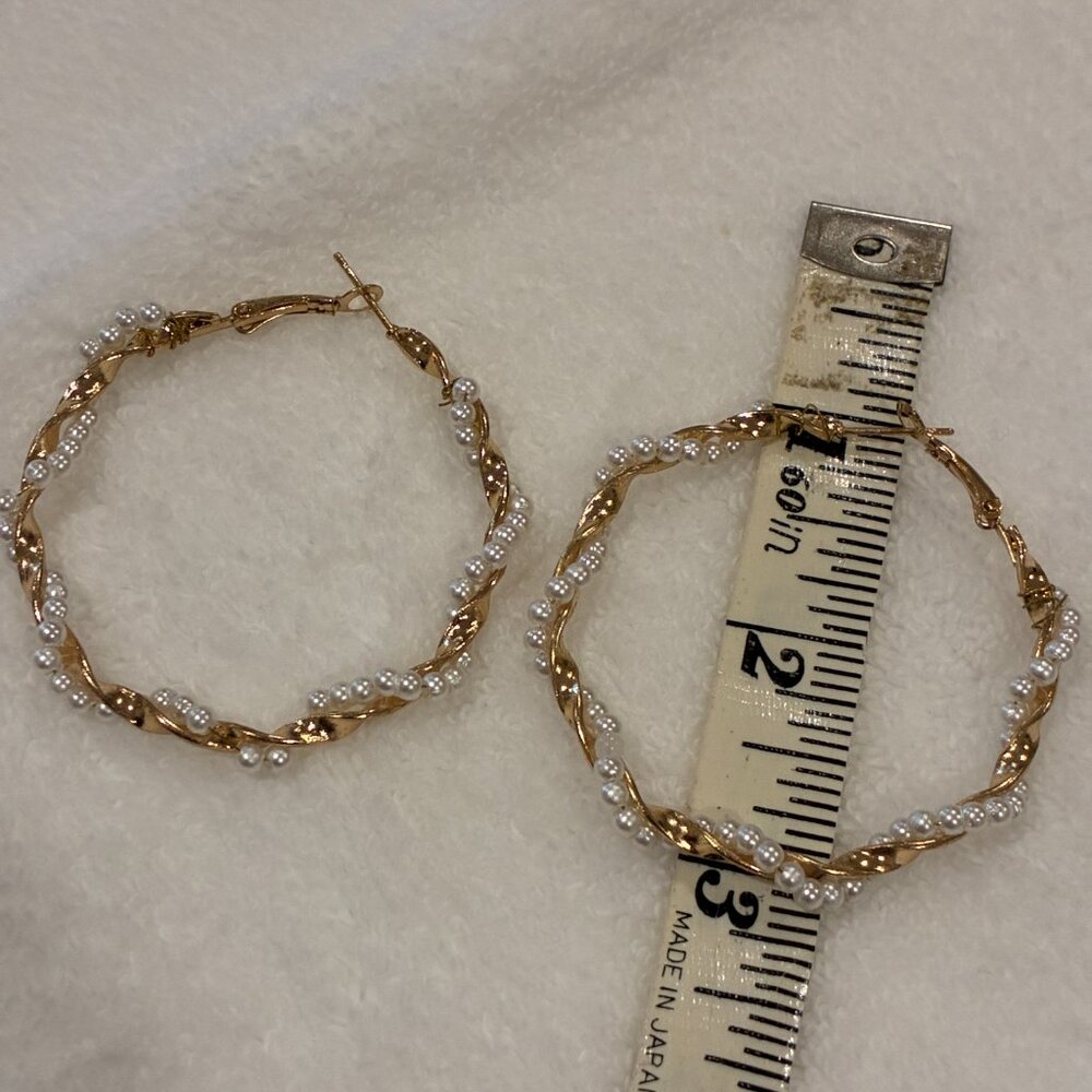 Faux Pearl & Gold Plated Twist Hoop Earrings - Picture 9 of 9